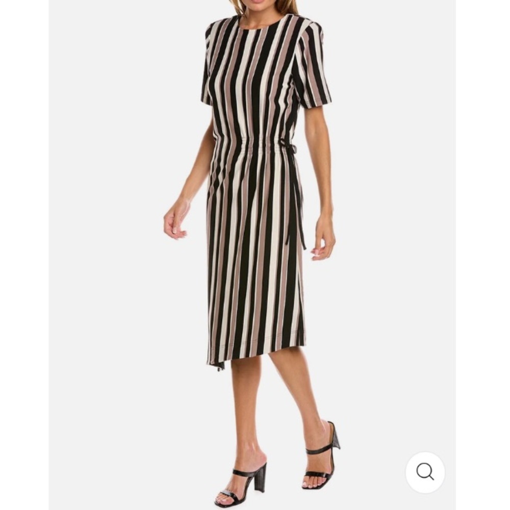 Badgley Mischka Black Brown Vertical Striped Dress Side Bow Tie Detail